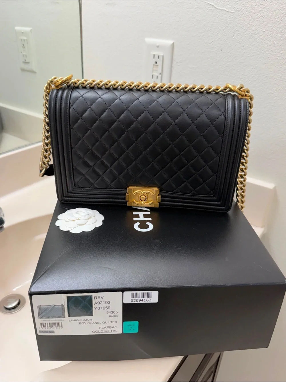 CHANEL Black Quilted Boy Flap Bag with Gold Hardware